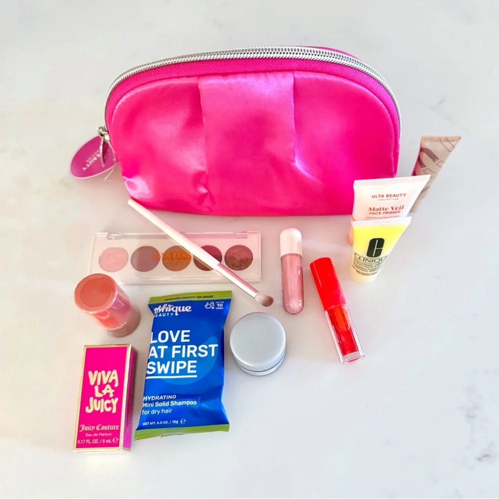 COSMETIC BUNDLE: Ulta Beauty Zip-Around Hot Pink Travel Bag & Make-Up Samples